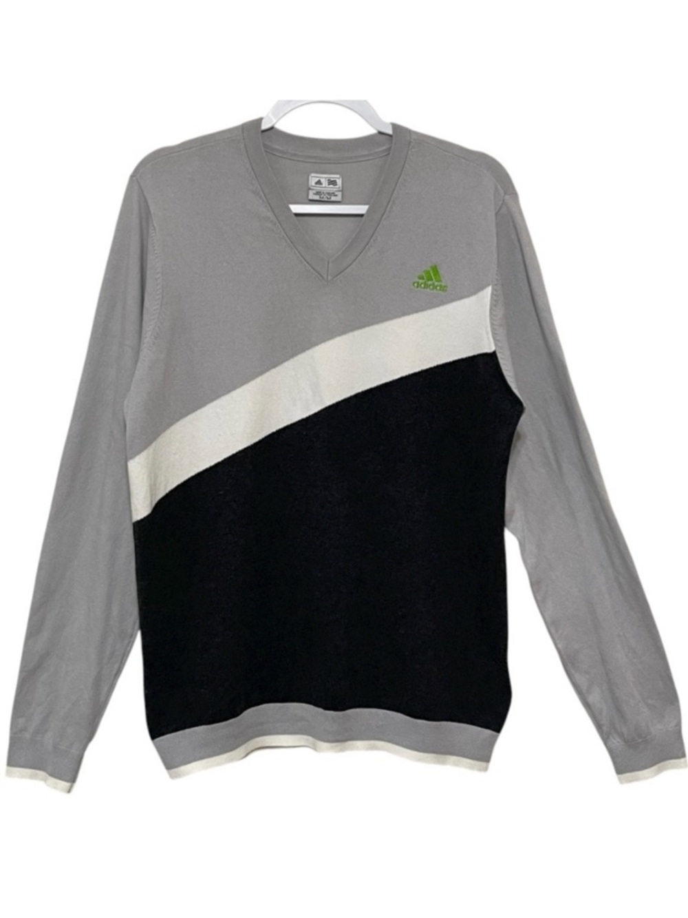Adidas Pullover Sweater Cotton Blend V-Neck Grey Black Colorblock Preppy Size M
